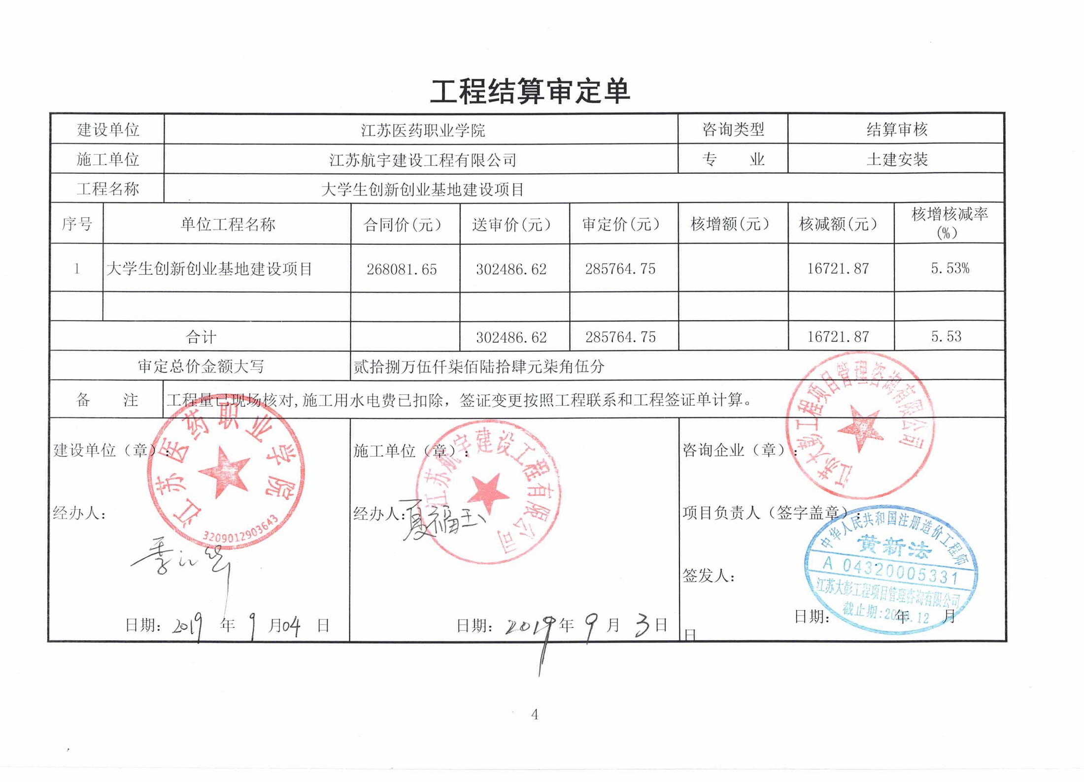 大学生创新创业基地建设项目工程结算审定单公示